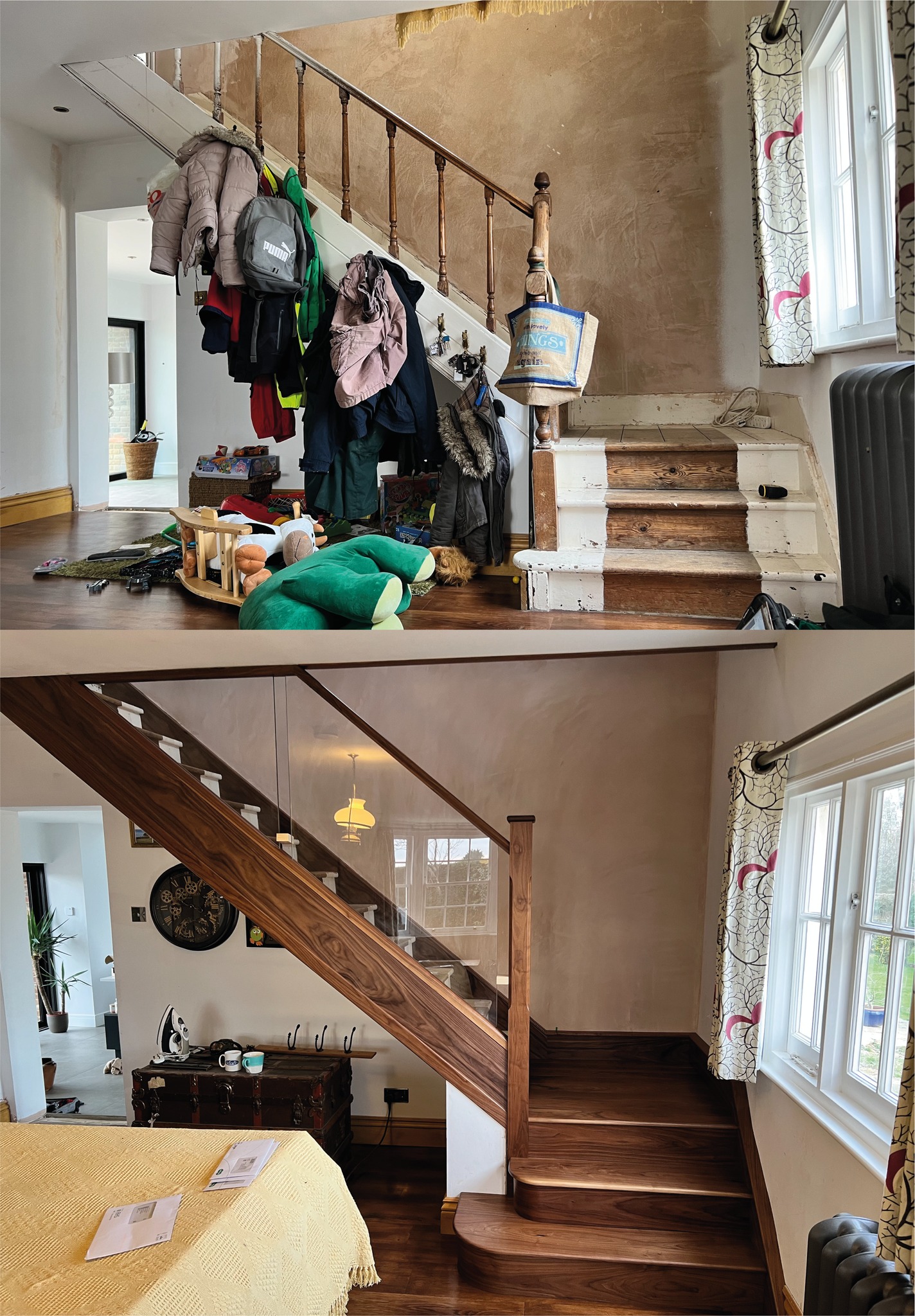 Before and after: a worn painted staircase rebuilt in dark timber with a glass balustrade
