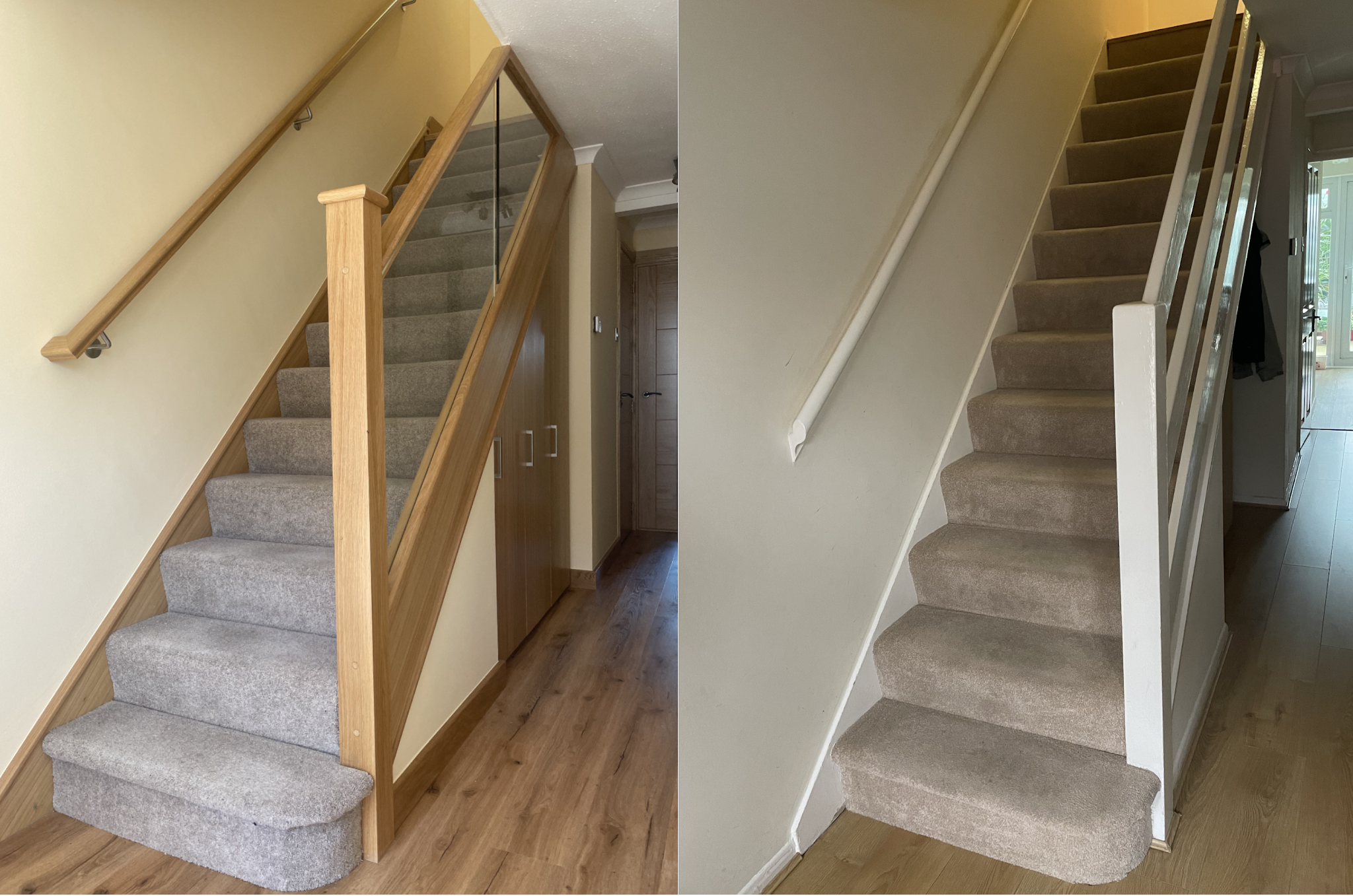 Two views of a carpeted staircase, one finished in oak and glass