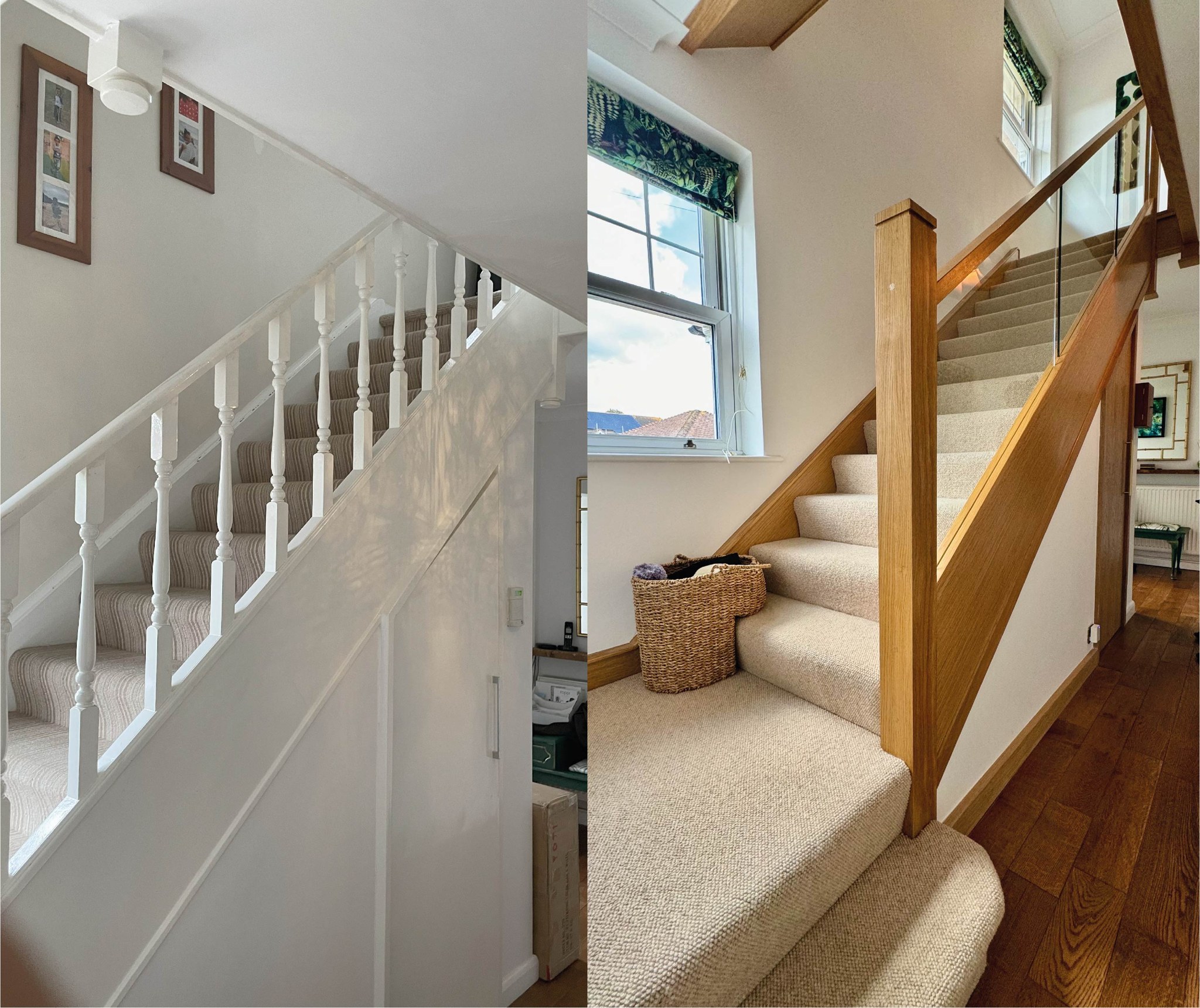 Before and after: white painted spindles replaced with oak and glass