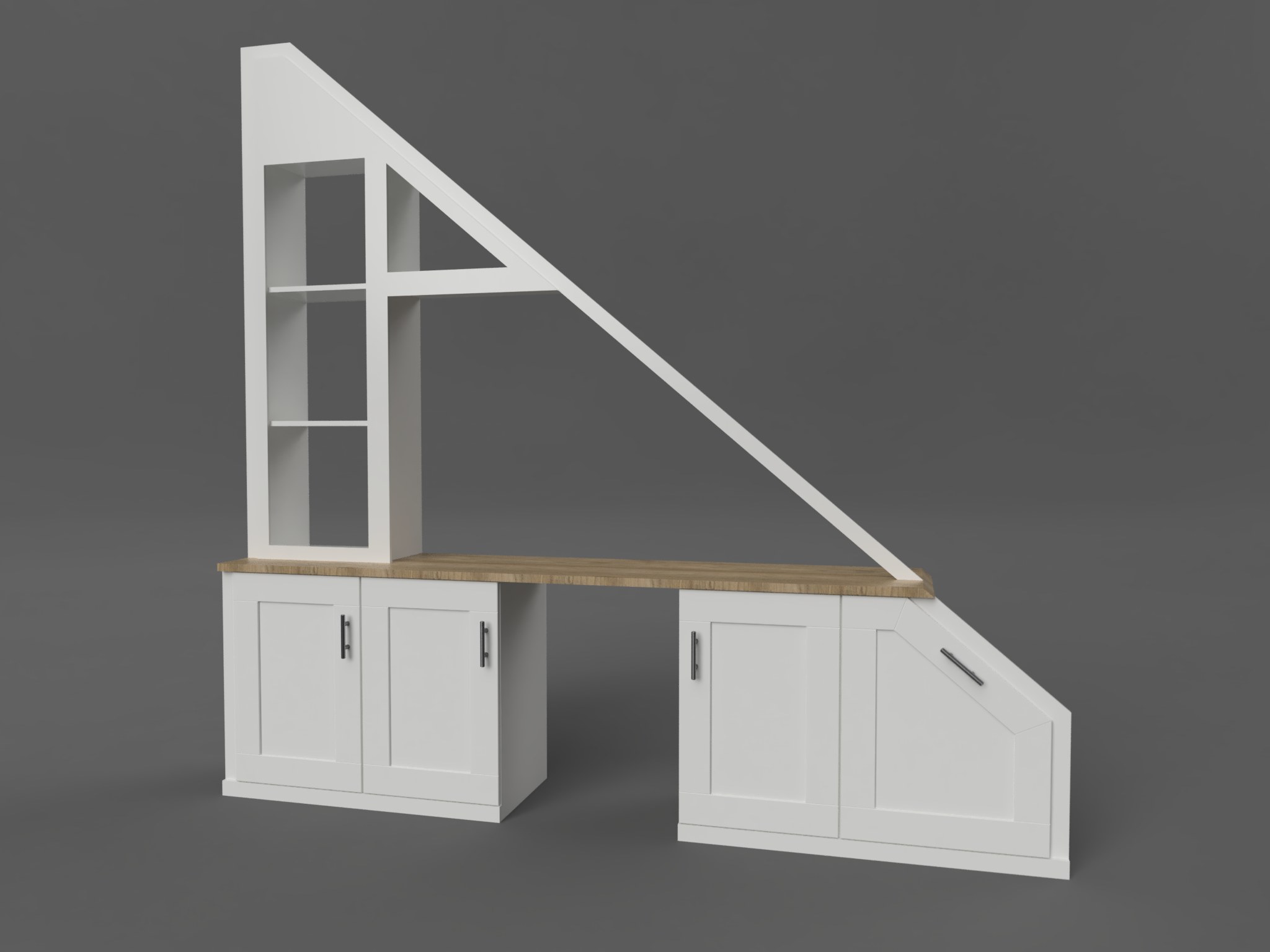 CAD design render of a white under stair storage unit with shelves and cupboards